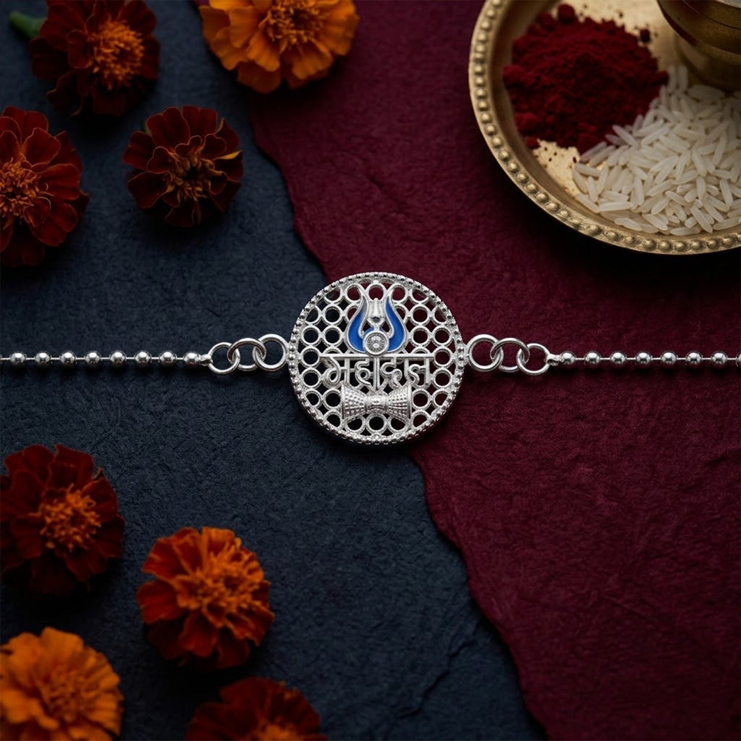 Mahakal Trishul Round Enamel Charm Chain Bracelet Rakhi