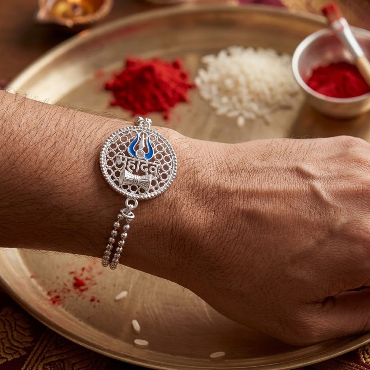 Mahakal Trishul Round Enamel Charm Chain Bracelet Rakhi