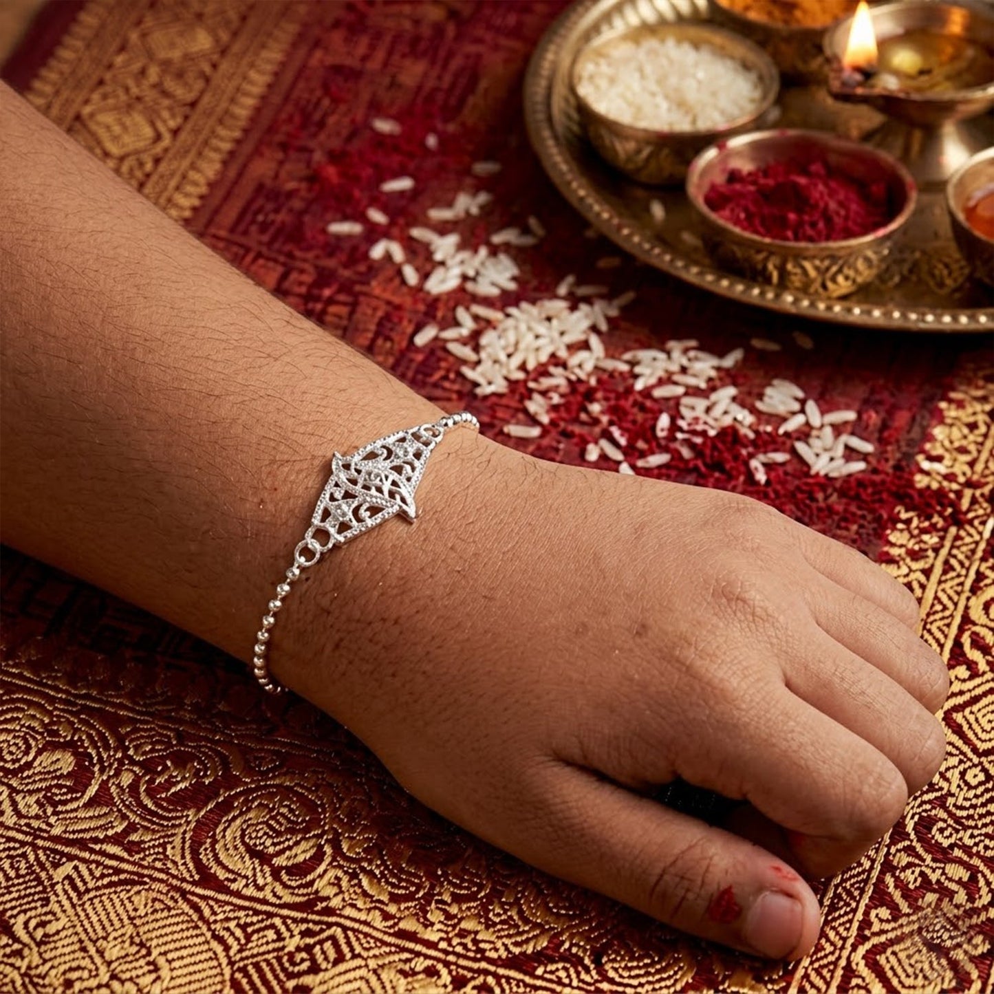 Diamond Shape Leaf Stone Studded Chain Bracelet Rakhi