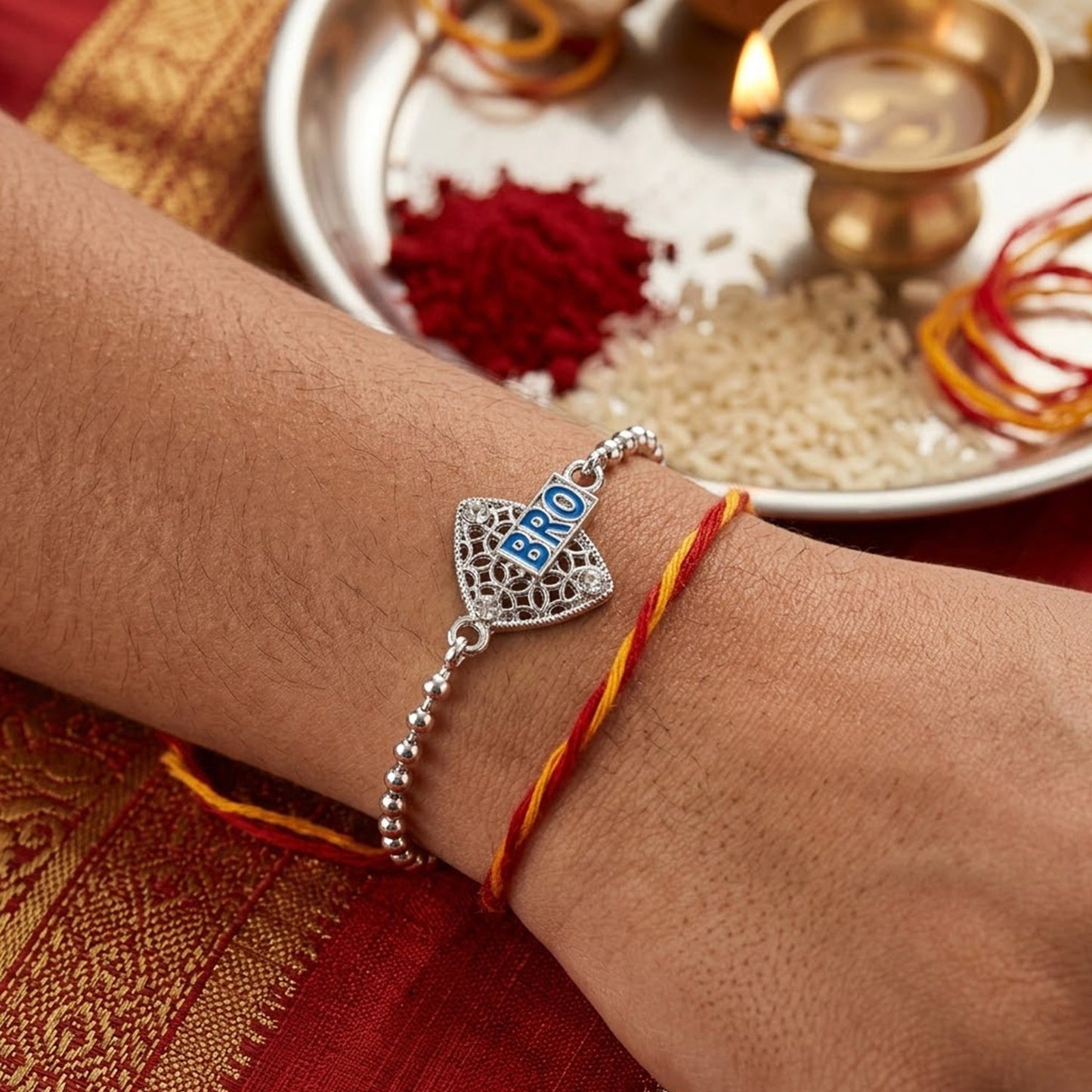 Bro Text Triangle Stone Studded Chain Bracelet Rakhi