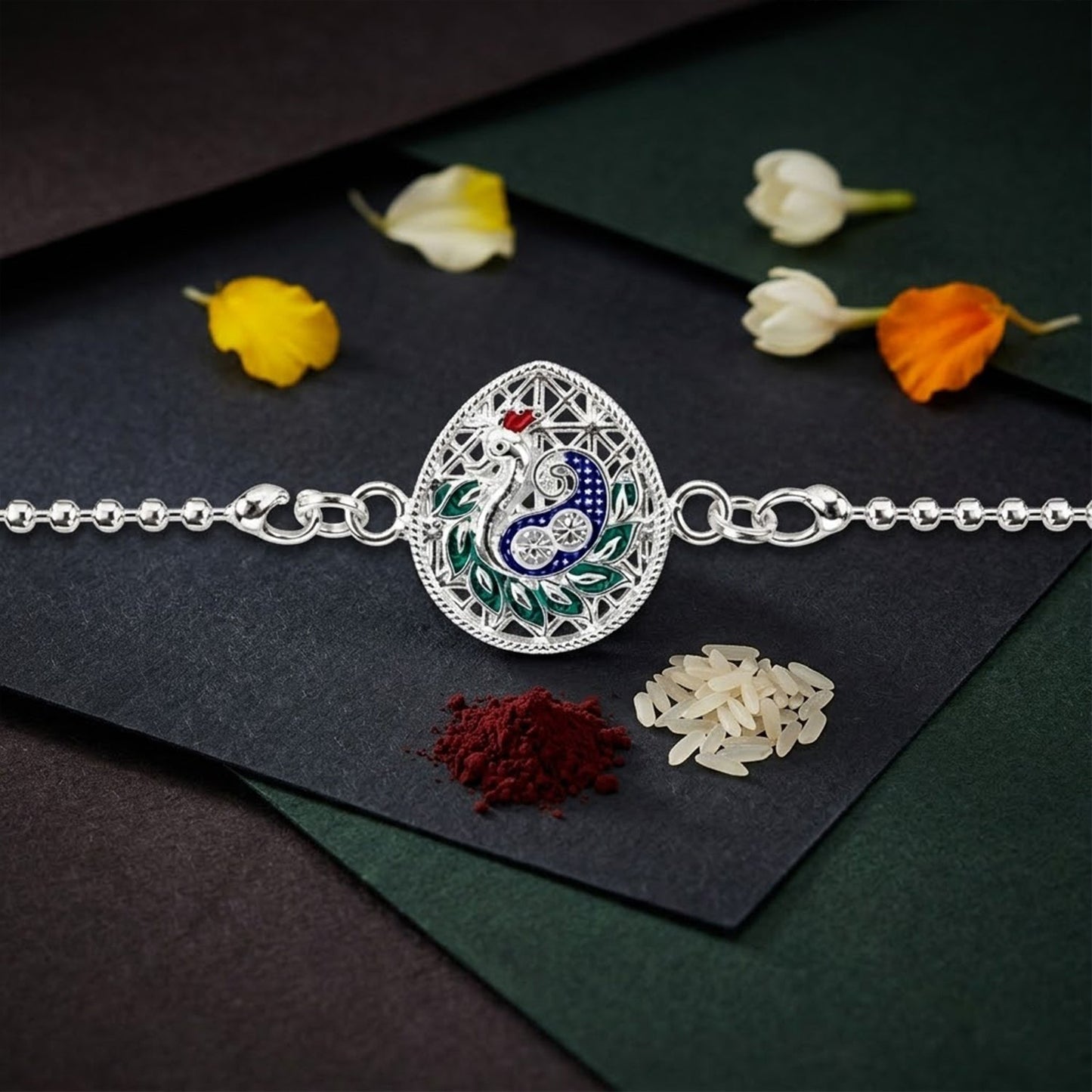 Peacock Teardrop Enamel Charm Chain Bracelet Rakhi