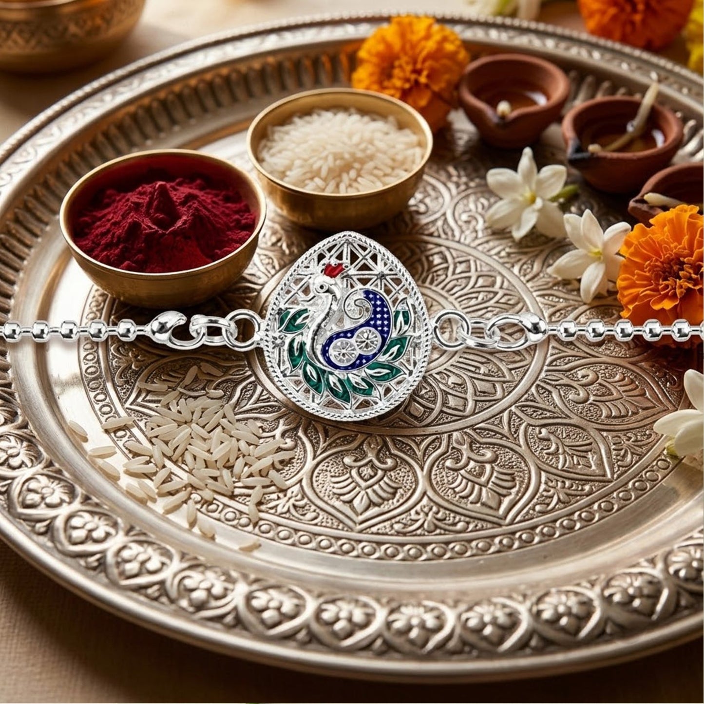 Peacock Teardrop Enamel Charm Chain Bracelet Rakhi