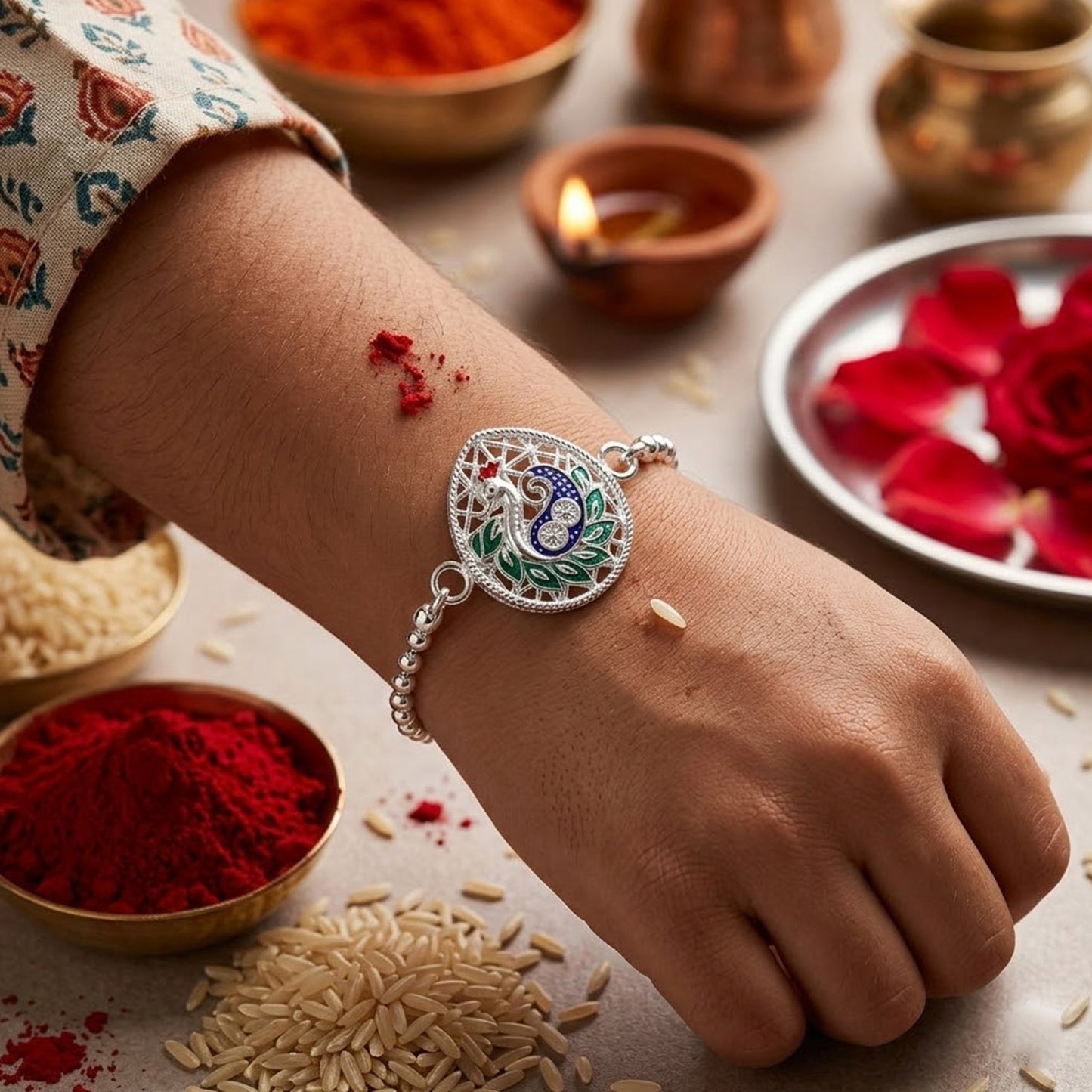 Peacock Teardrop Enamel Charm Chain Bracelet Rakhi