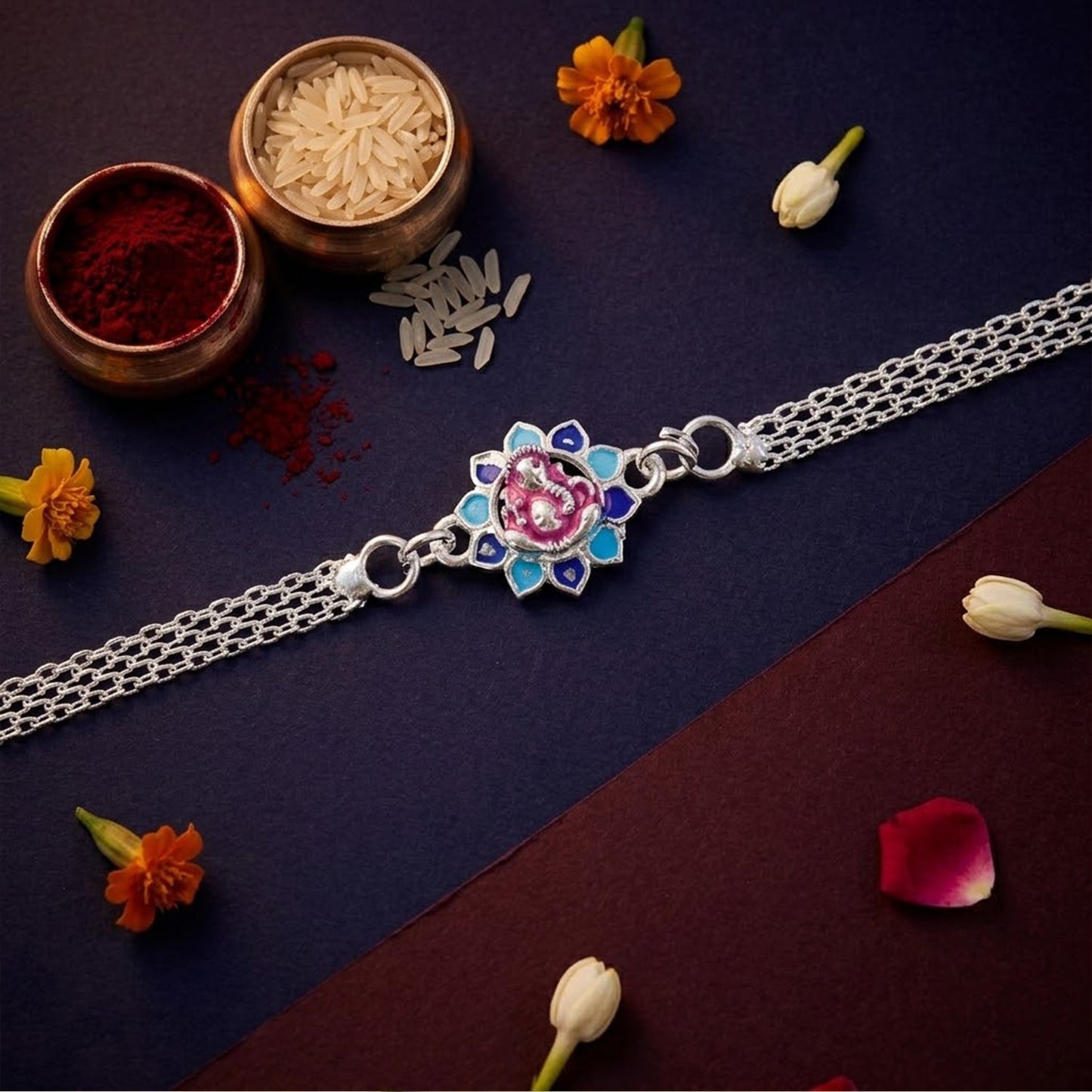 Lord Ganesha Floral Petal Enamel Charm Chain Bracelet Rakhi