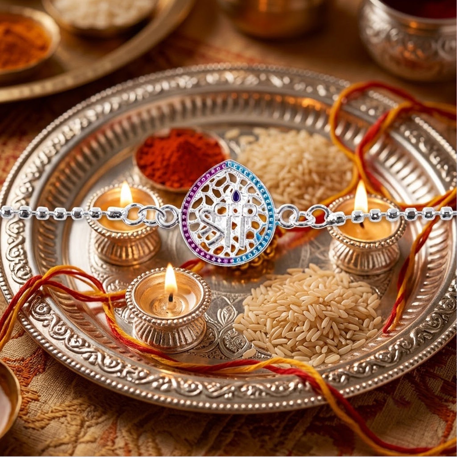 Shree Symbol Enamel Teardrop Charm Chain Bracelet Rakhi