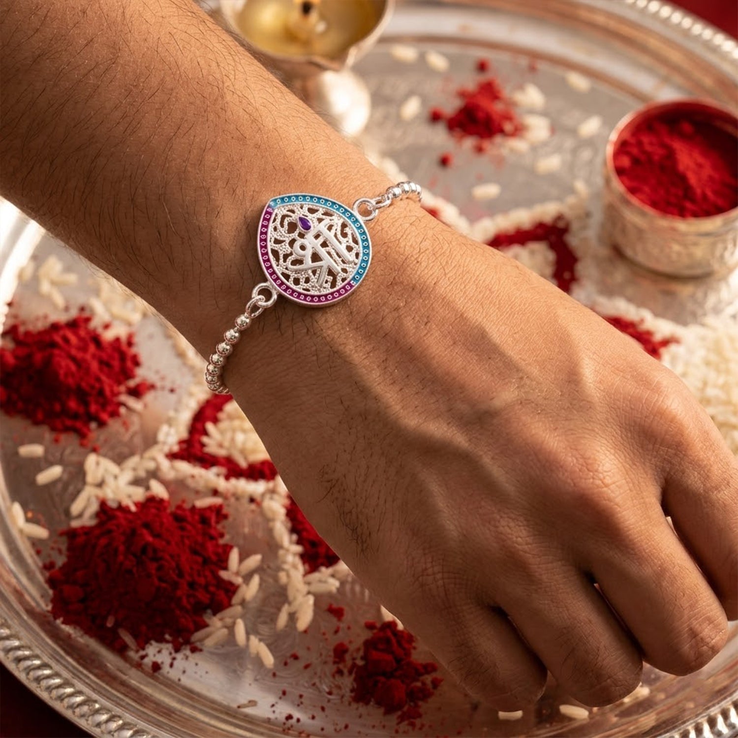 Shree Symbol Enamel Teardrop Charm Chain Bracelet Rakhi
