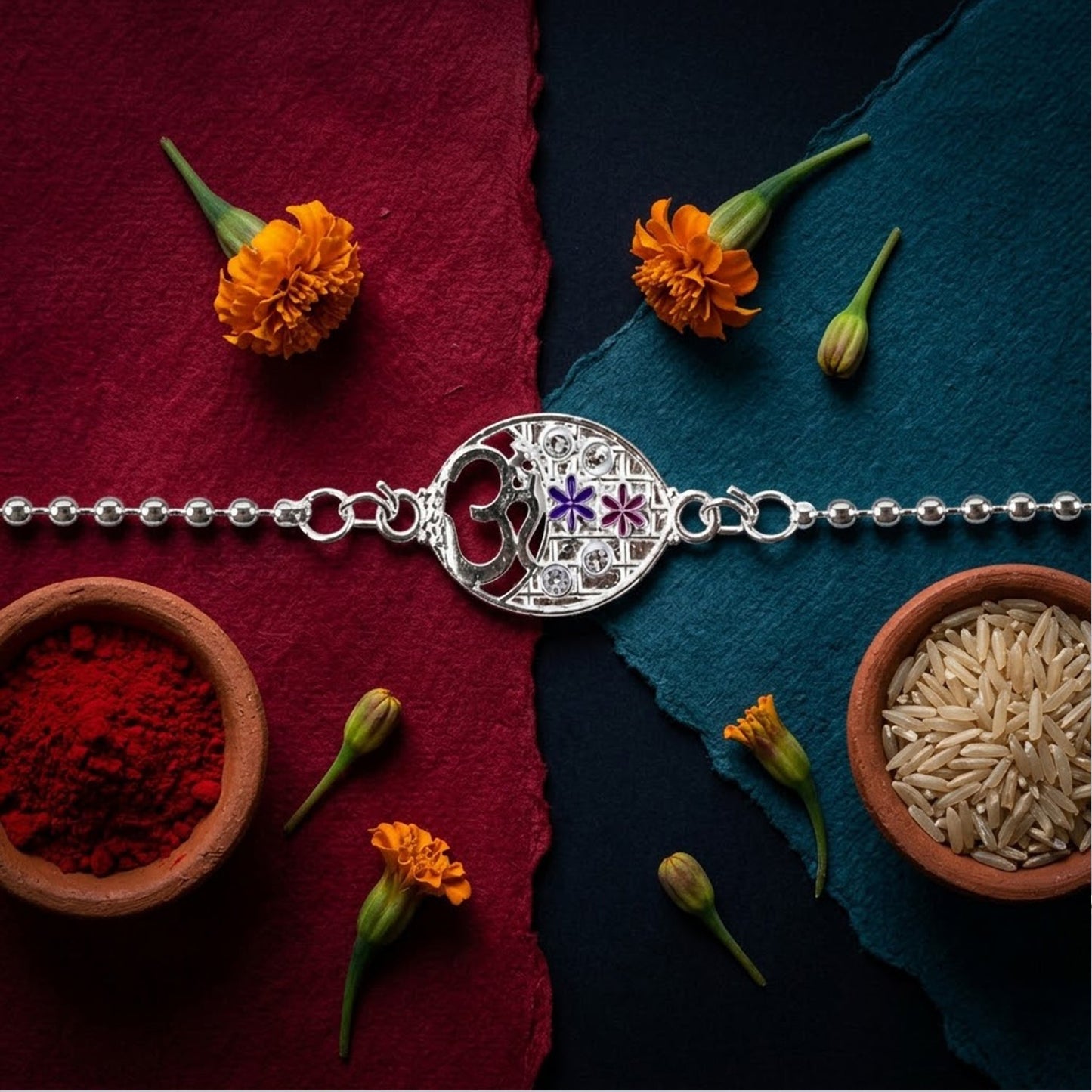 Om Symbol Oval Floral Stone Charm Chain Bracelet Rakhi