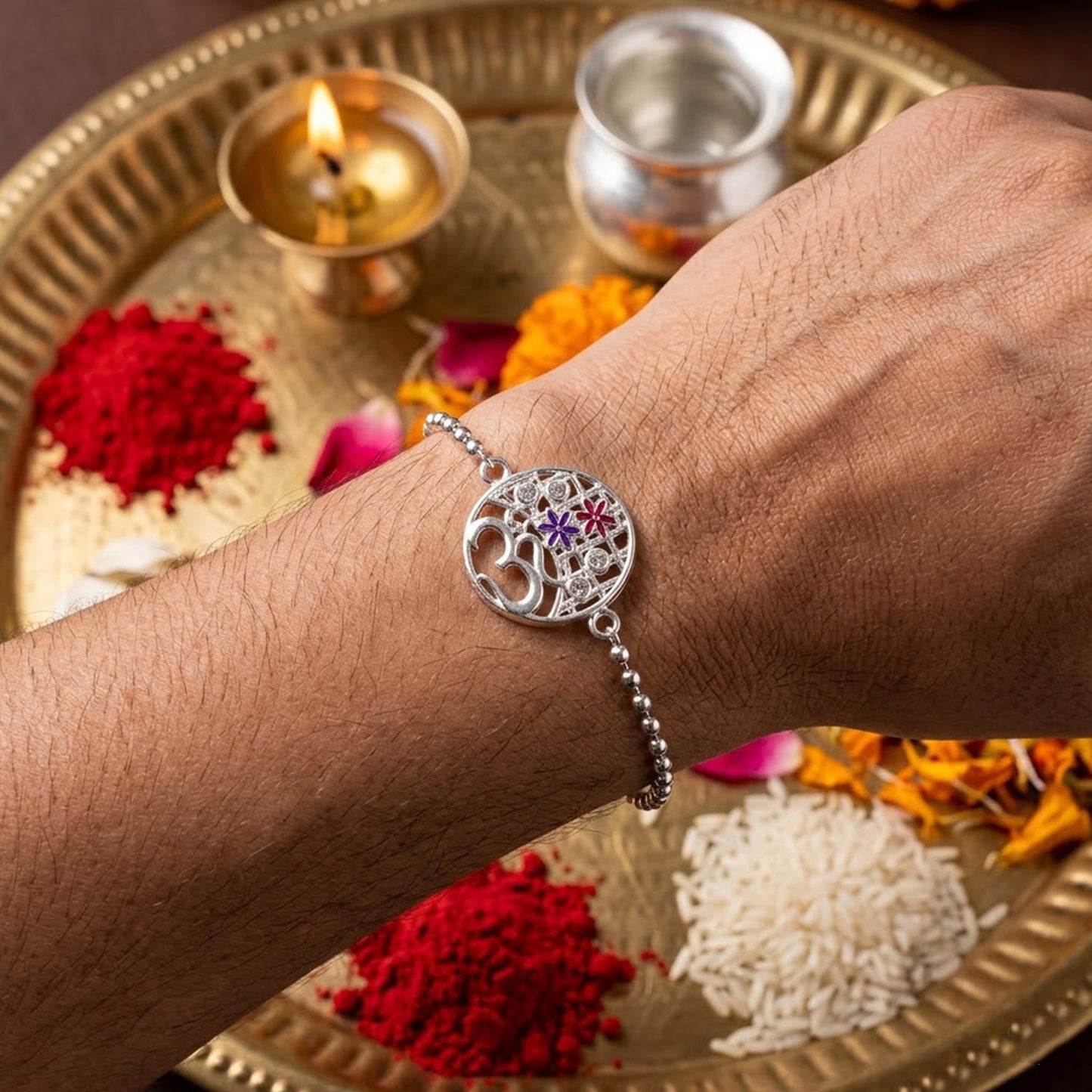 Om Symbol Oval Floral Stone Charm Chain Bracelet Rakhi