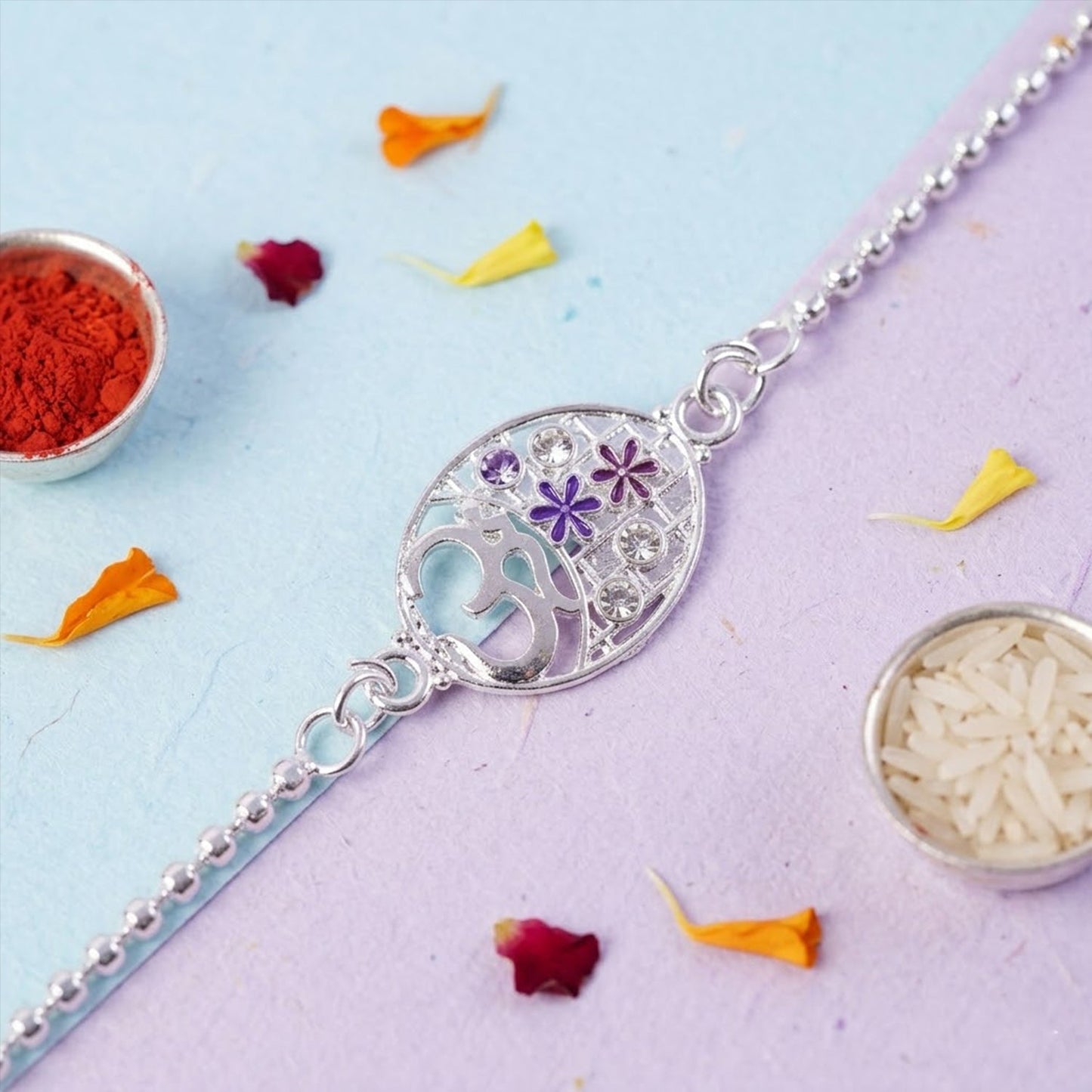 Om Symbol Oval Floral Stone Charm Chain Bracelet Rakhi
