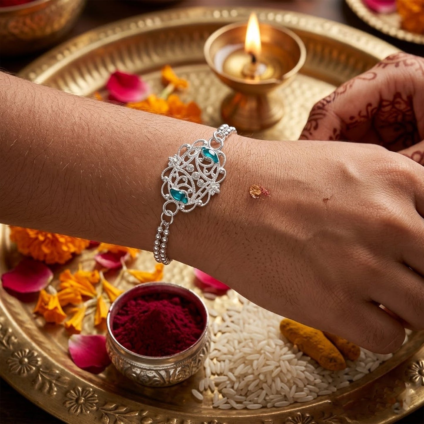 Stylish Oval Enamel Stone Charm Chain Bracelet Rakhi for Brother