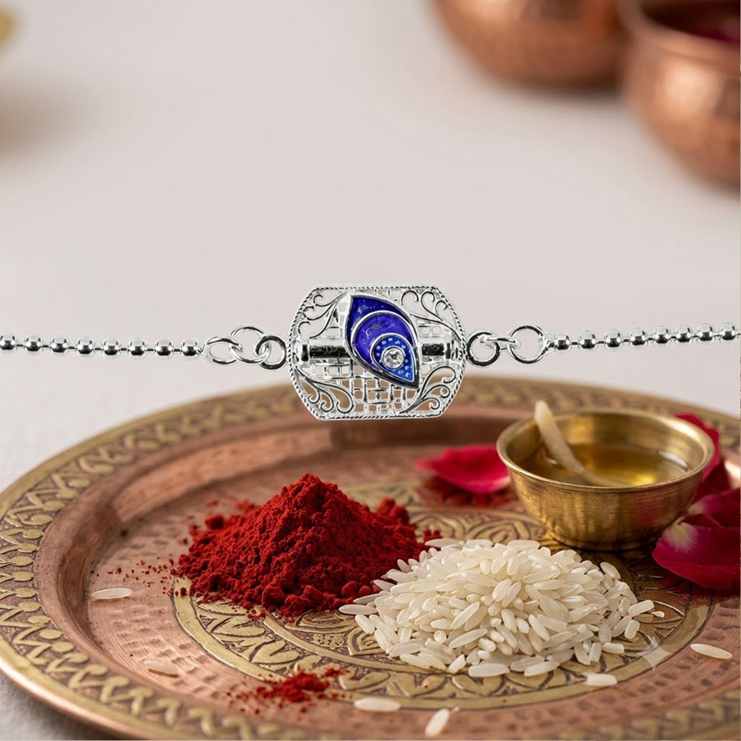 Silver Peacock Enamel Charm Chain Bracelet Rakhi