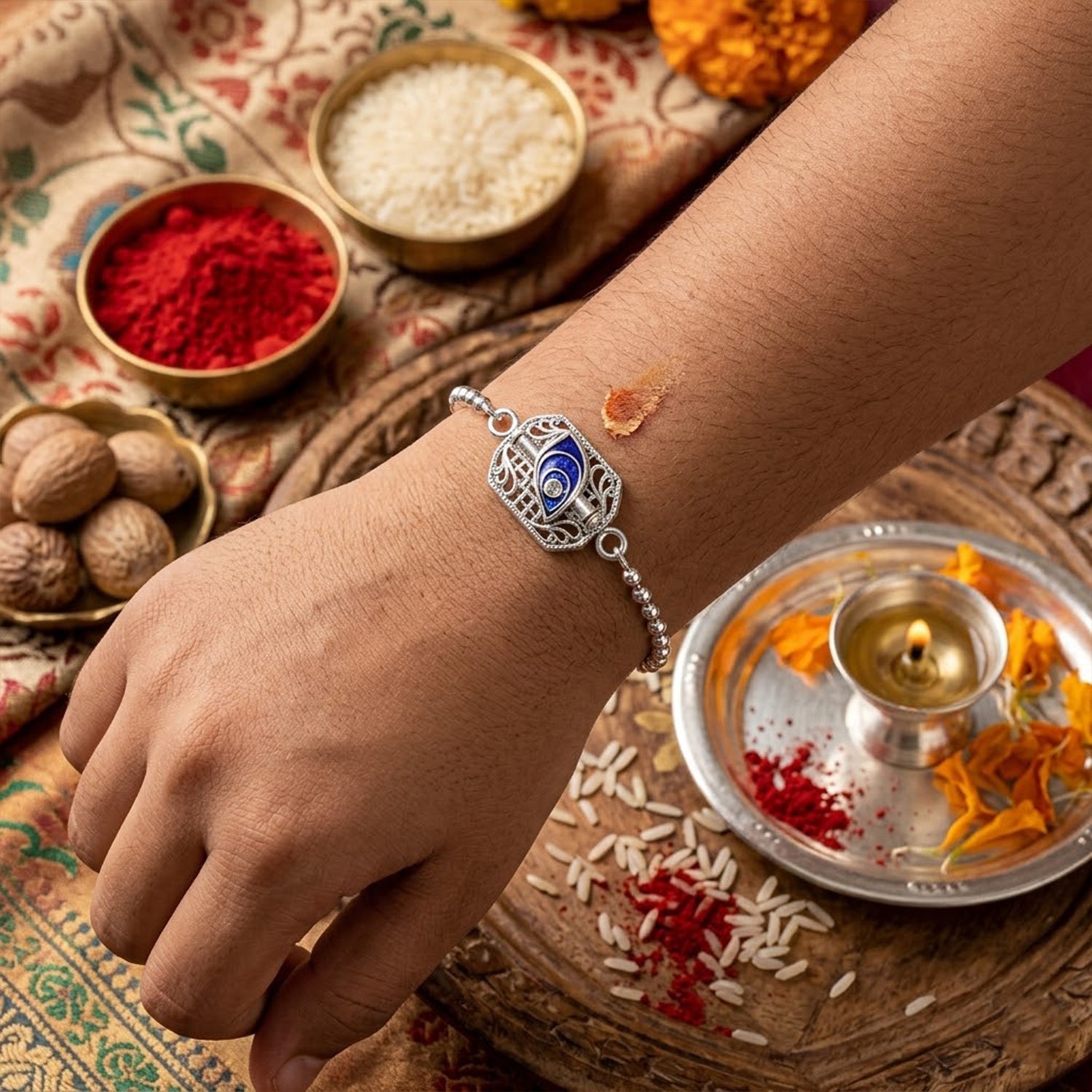 Silver Peacock Enamel Charm Chain Bracelet Rakhi