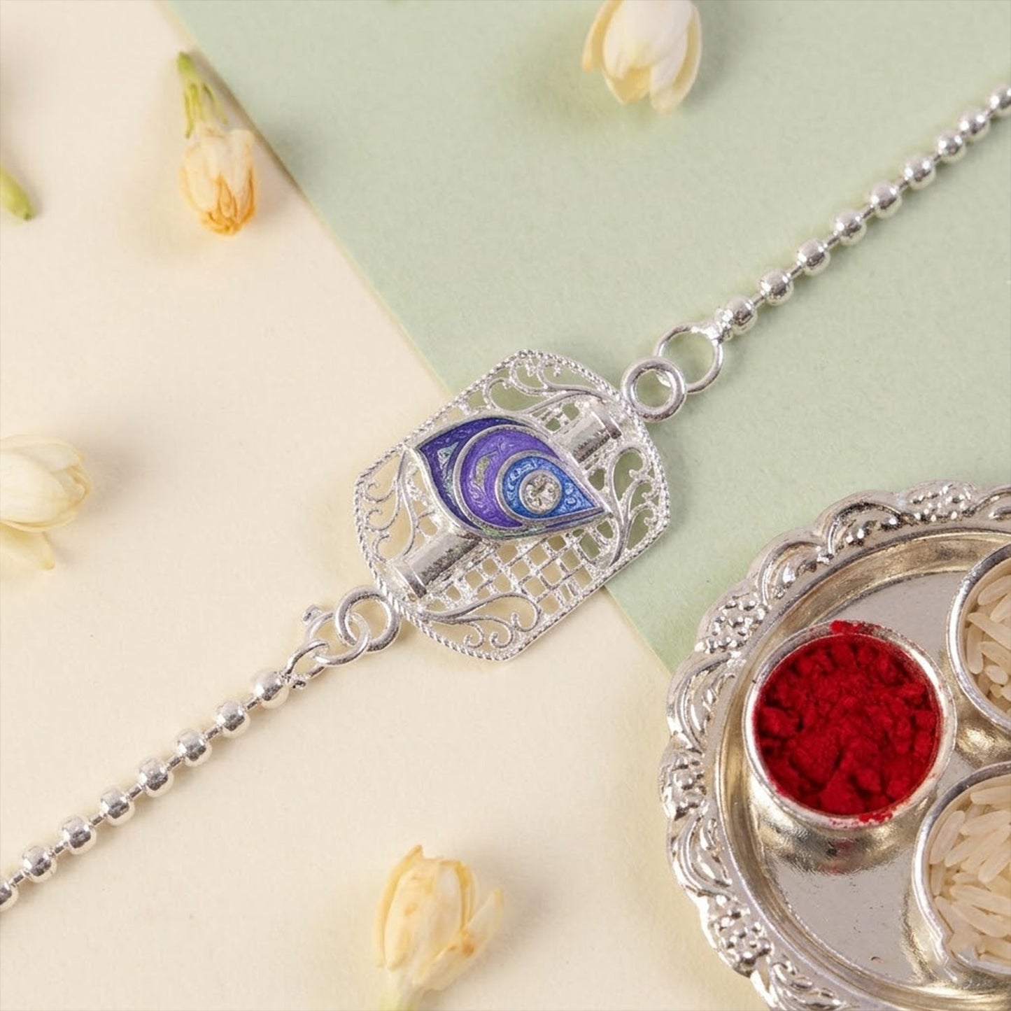 Silver Peacock Enamel Charm Chain Bracelet Rakhi