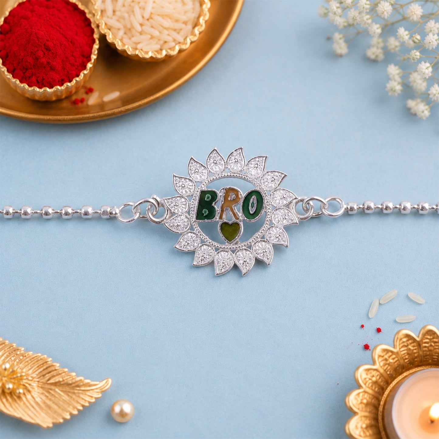 Stylish Bro Text Round flower Stone Studded Chain Rakhi