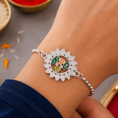 Stylish Bro Text Round flower Stone Studded Chain Rakhi
