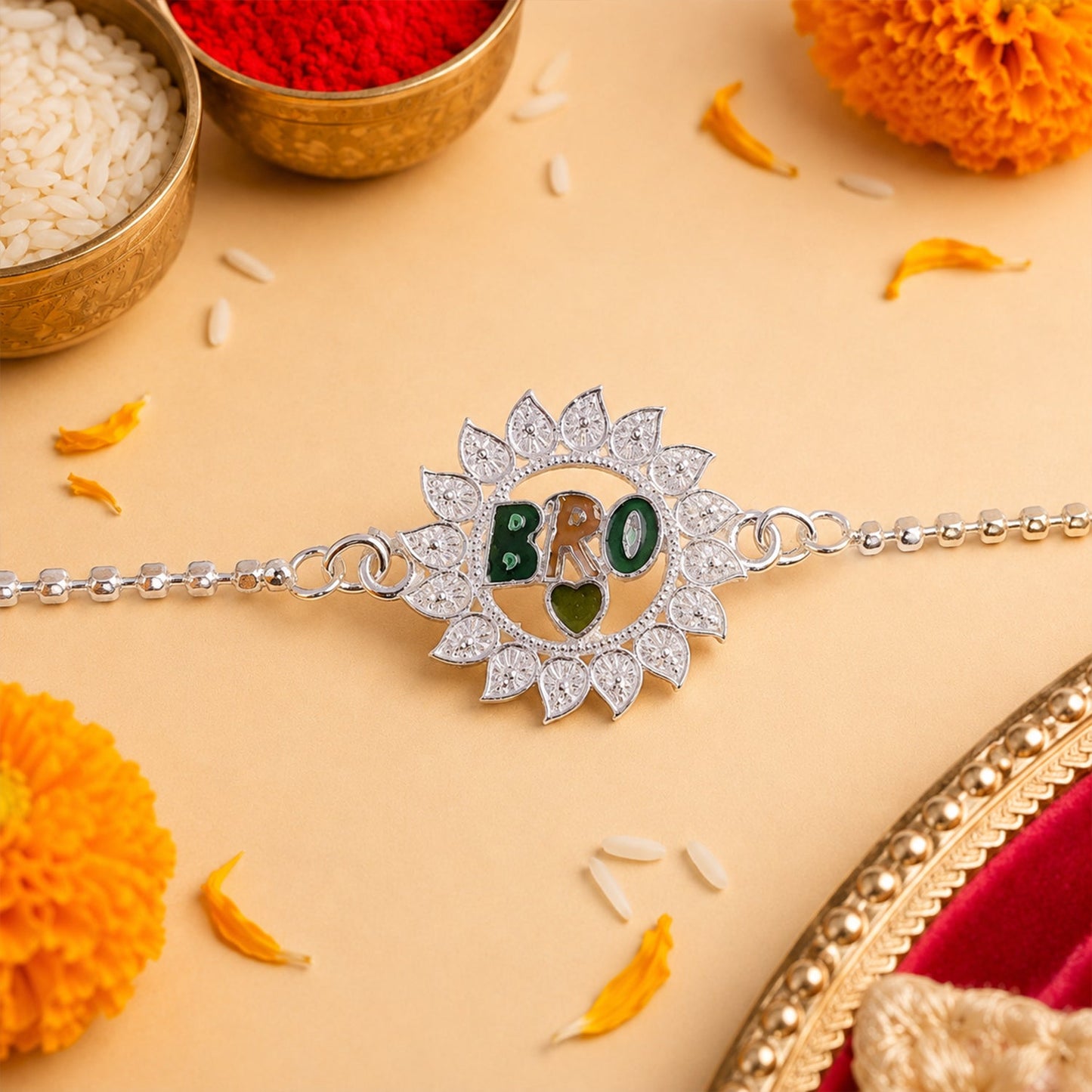 Stylish Bro Text Round flower Stone Studded Chain Rakhi
