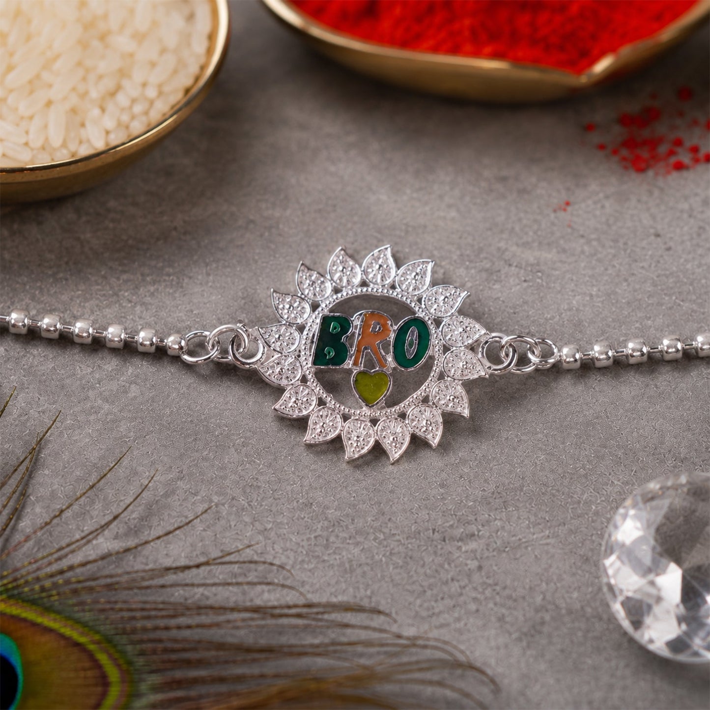 Stylish Bro Text Round flower Stone Studded Chain Rakhi