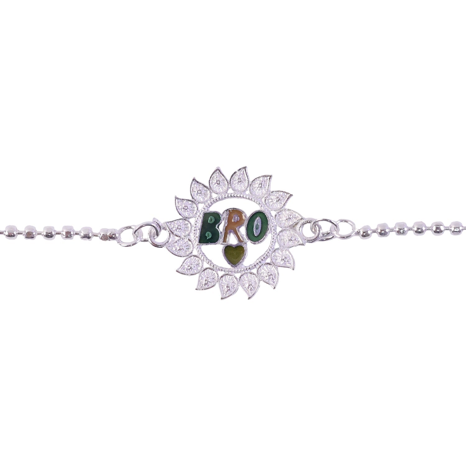 Stylish Bro Text Round flower Stone Studded Chain Rakhi