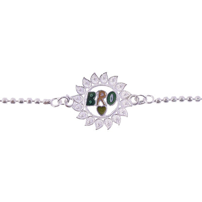 Stylish Bro Text Round flower Stone Studded Chain Rakhi