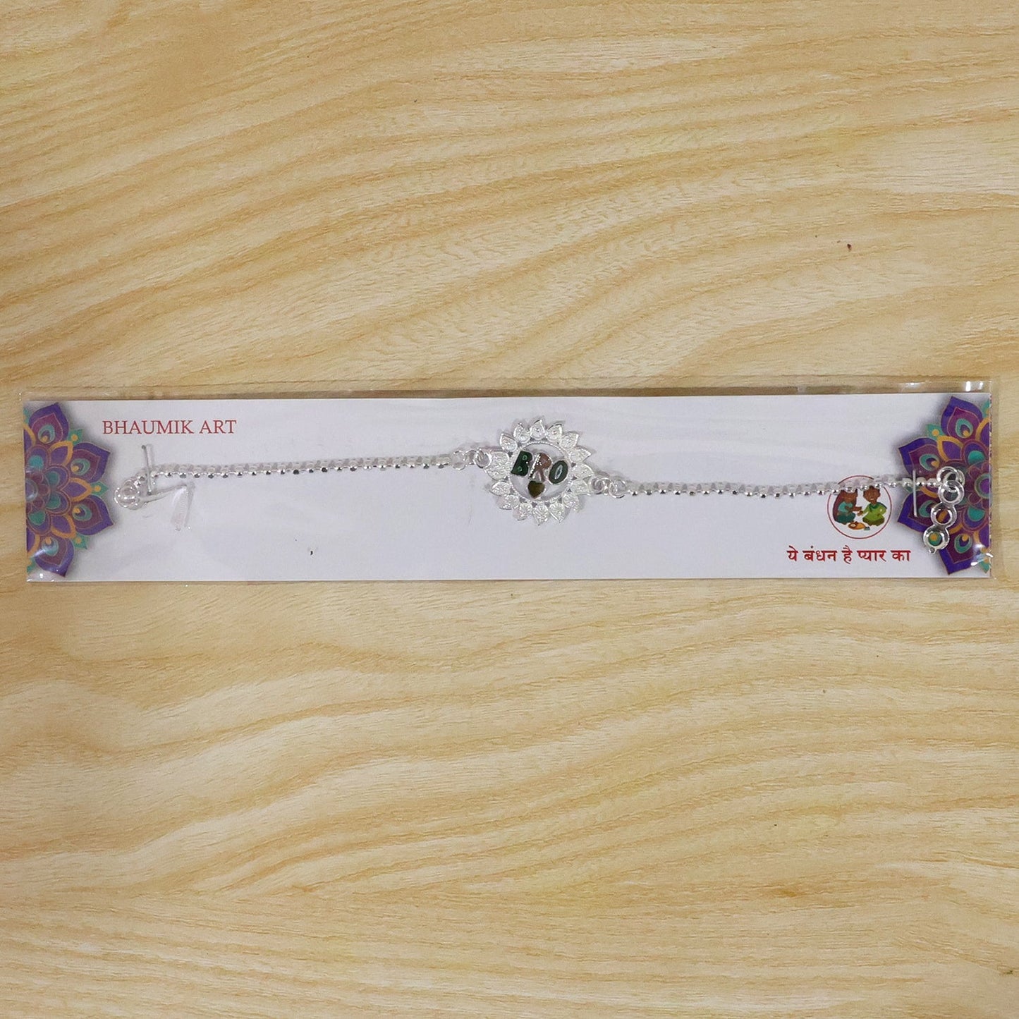 Stylish Bro Text Round flower Stone Studded Chain Rakhi