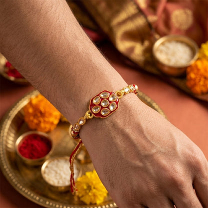 Oval Kundan Multi Stone Enamel Charm Pearl Bead Thread Rakhi for Brother