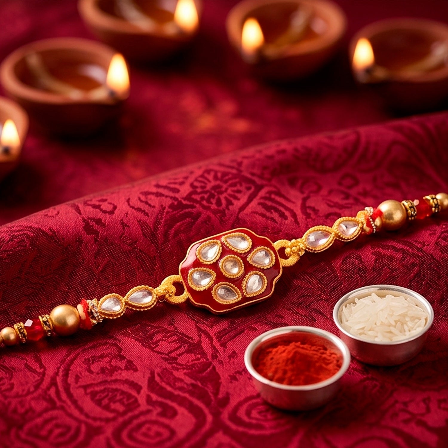 Oval Kundan Multi Stone Enamel Charm Pearl Bead Thread Rakhi for Brother