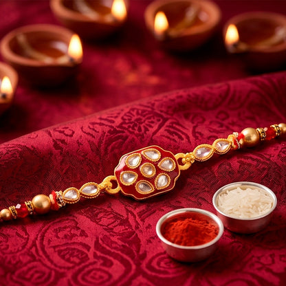 Oval Kundan Multi Stone Enamel Charm Pearl Bead Thread Rakhi for Brother