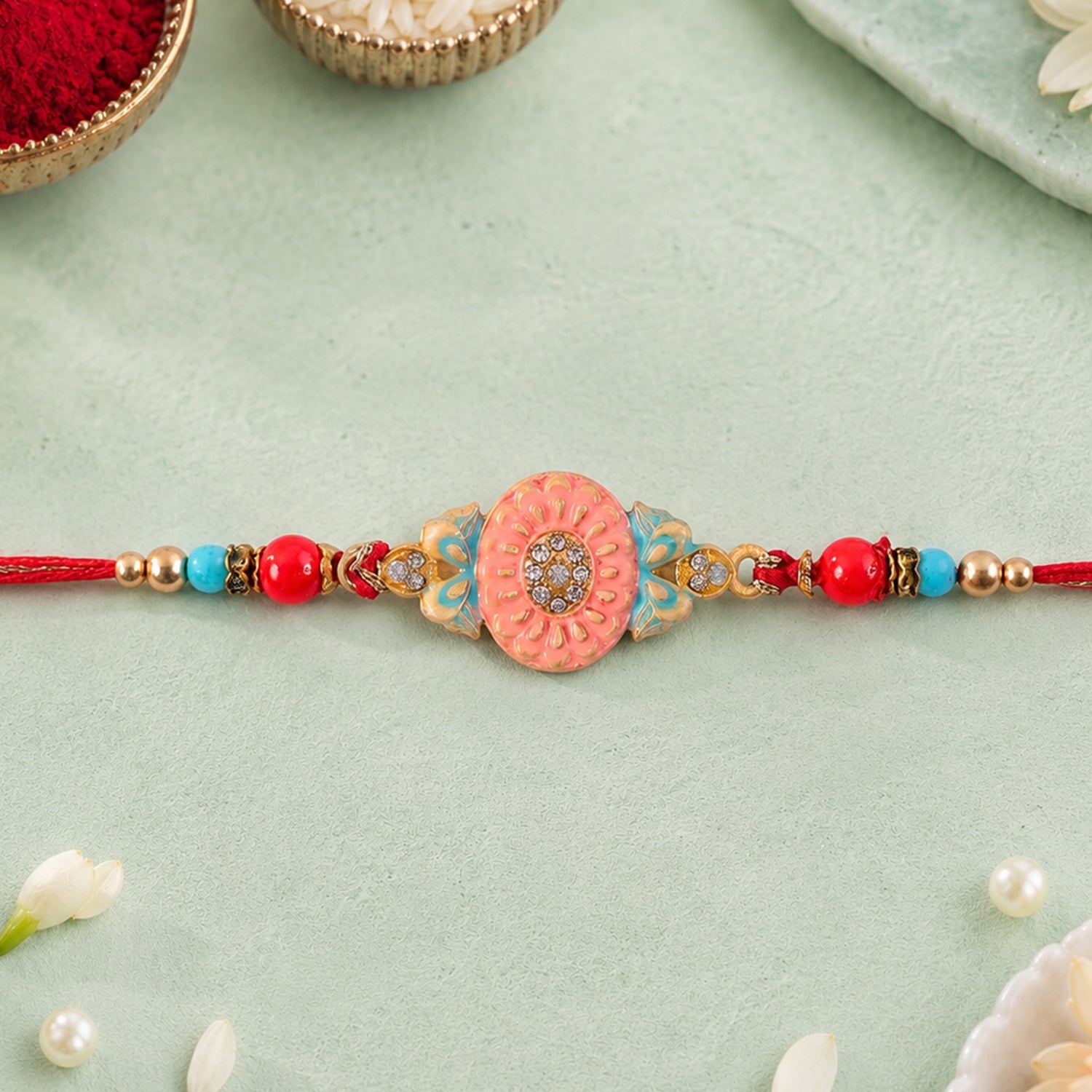 Round Enamel Floral Charm Fancy Bead Tassel Thread Rakhi for Brother