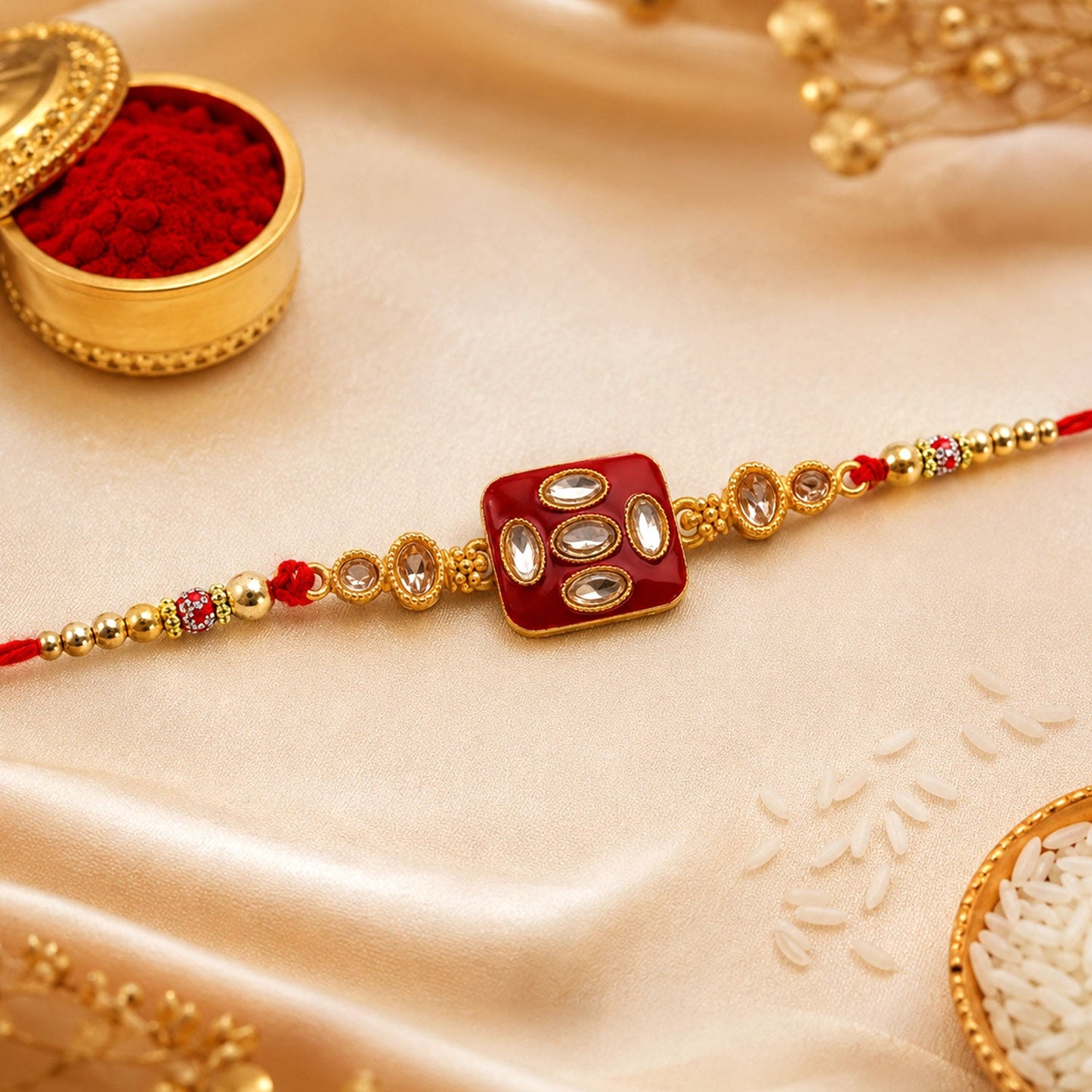 Square Kundan Multi Stone Enamel Charm Pearl Bead Thread Rakhi for Brother