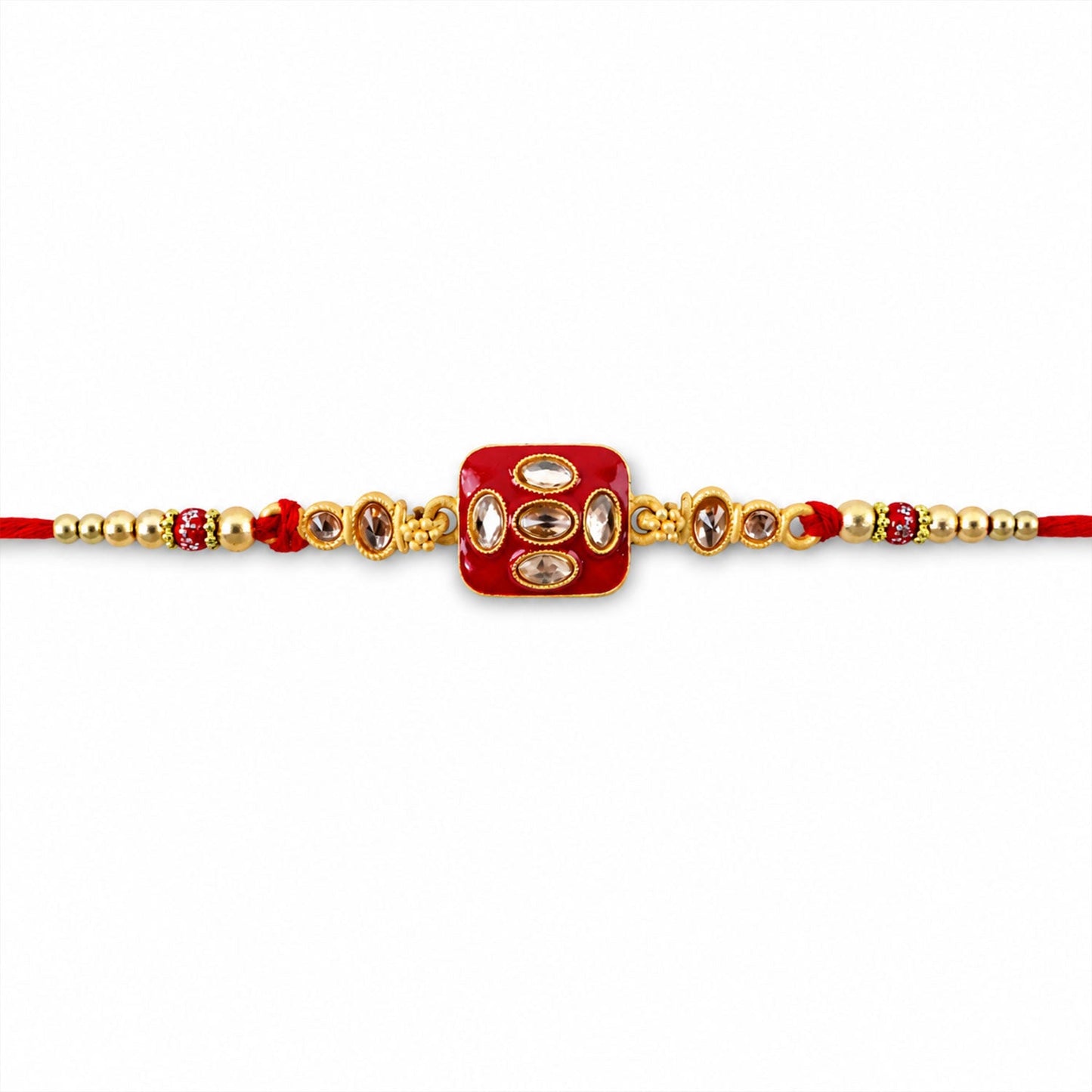 Square Kundan Multi Stone Enamel Charm Pearl Bead Thread Rakhi for Brother