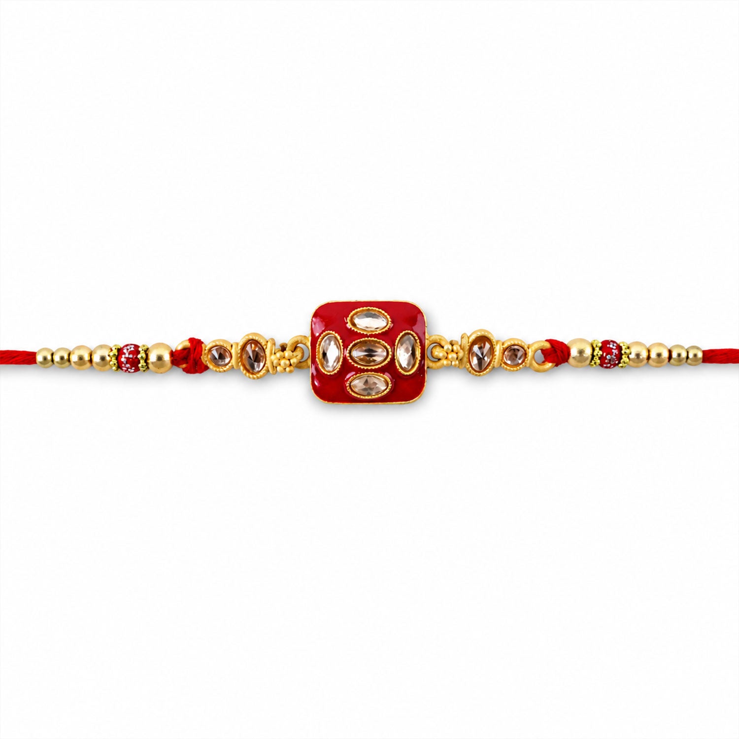 Square Kundan Multi Stone Enamel Charm Pearl Bead Thread Rakhi for Brother
