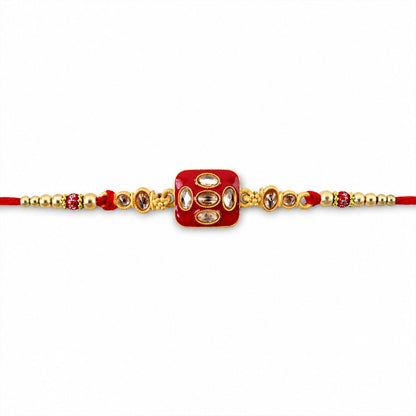 Square Kundan Multi Stone Enamel Charm Pearl Bead Thread Rakhi for Brother