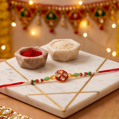 Round Kundan Enamel Floral Motif Charm Fancy Pearl Bead Rakhi for Brother