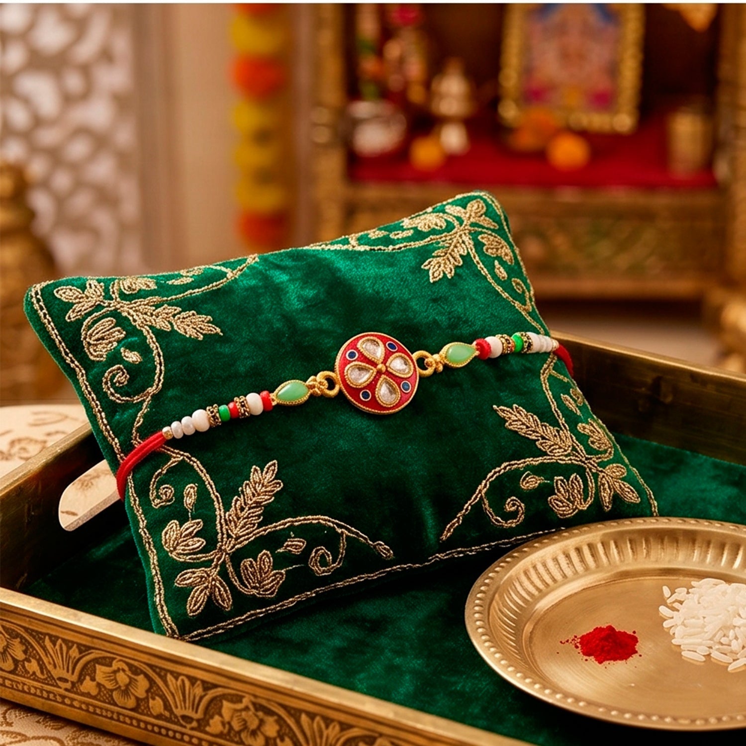 Round Kundan Enamel Floral Motif Charm Fancy Pearl Bead Rakhi for Brother