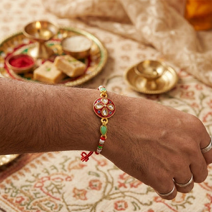 Round Kundan Enamel Floral Motif Charm Fancy Pearl Bead Rakhi for Brother