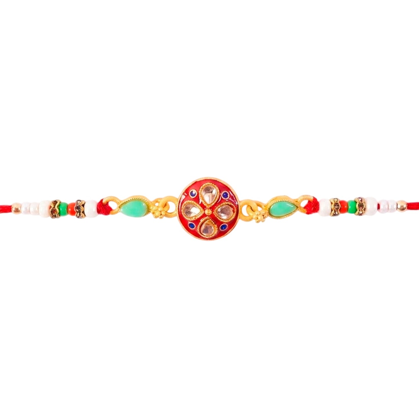 Round Kundan Enamel Floral Motif Charm Fancy Pearl Bead Rakhi for Brother