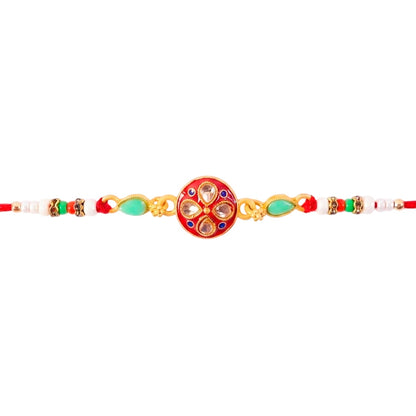 Round Kundan Enamel Floral Motif Charm Fancy Pearl Bead Rakhi for Brother