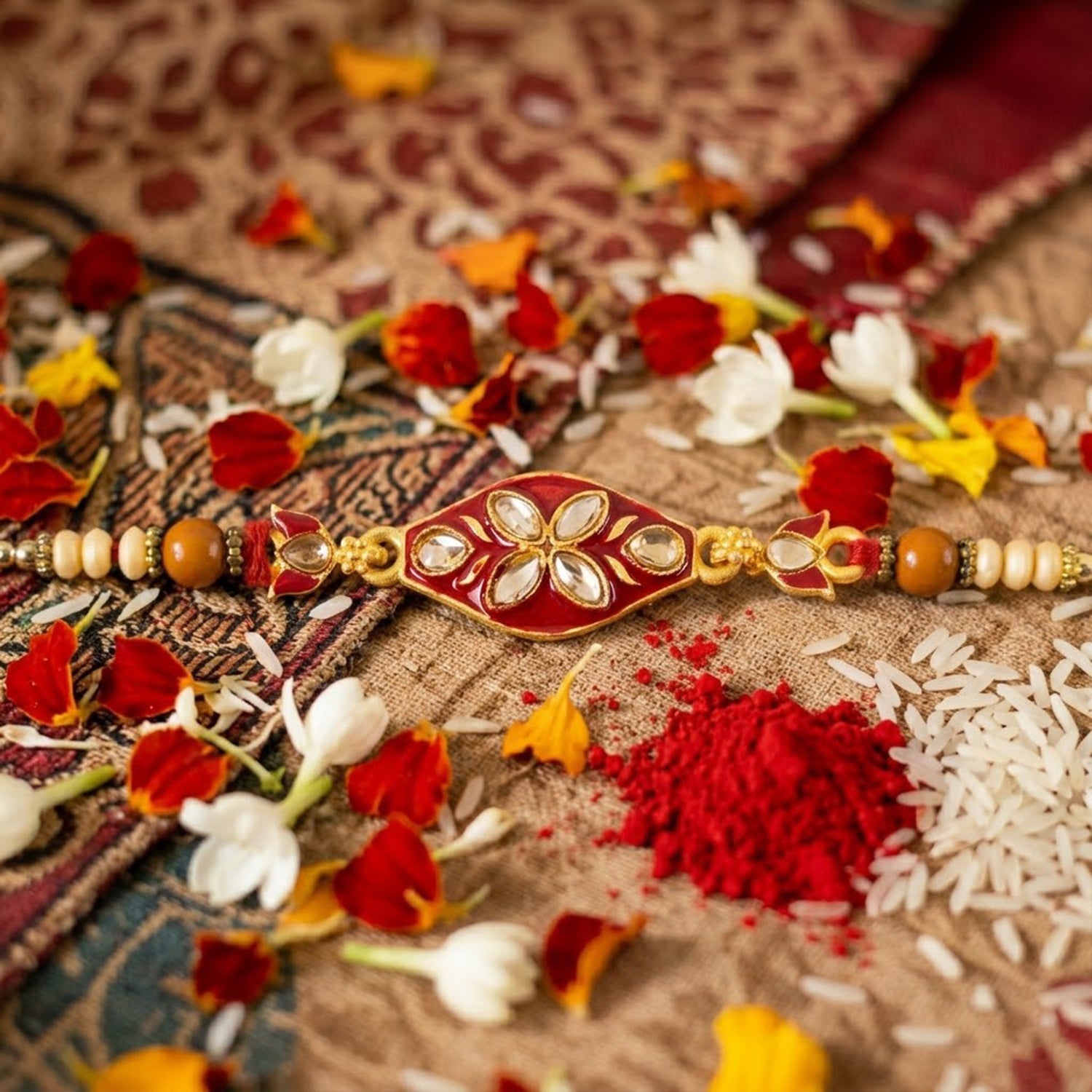 Marquise Kundan Floral Enamel Charm Wooden Pearl Bead Thread Rakhi for Brother