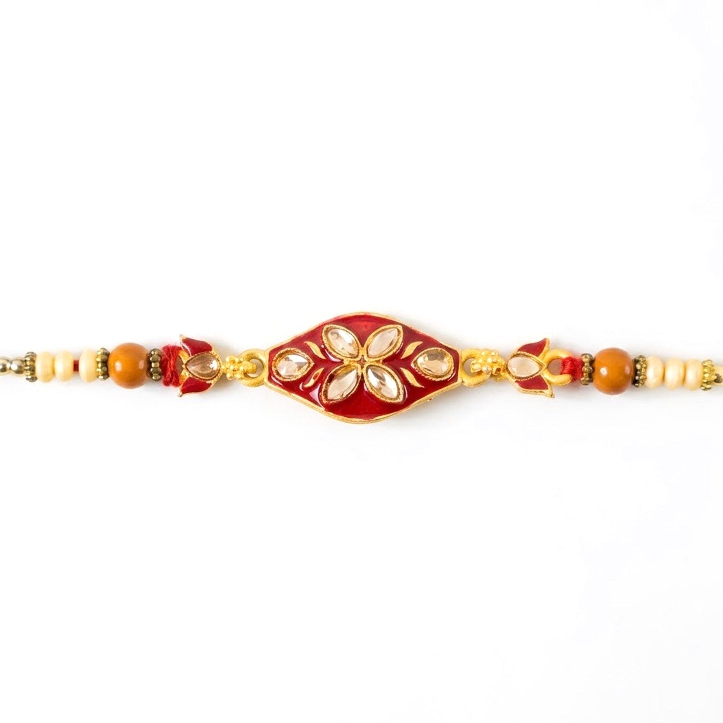 Marquise Kundan Floral Enamel Charm Wooden Pearl Bead Thread Rakhi for Brother