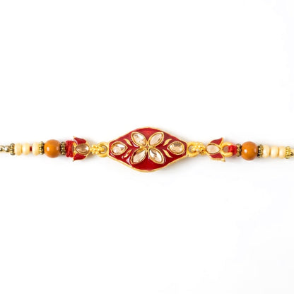 Marquise Kundan Floral Enamel Charm Wooden Pearl Bead Thread Rakhi for Brother