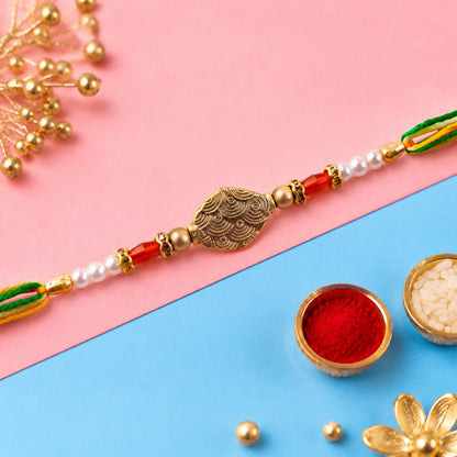 Antique Oval Textured Charm Pearl Crystal Bead Fancy Thread Rakhi for Brother