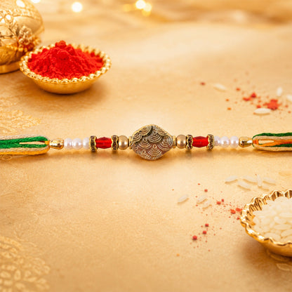 Antique Oval Textured Charm Pearl Crystal Bead Fancy Thread Rakhi for Brother