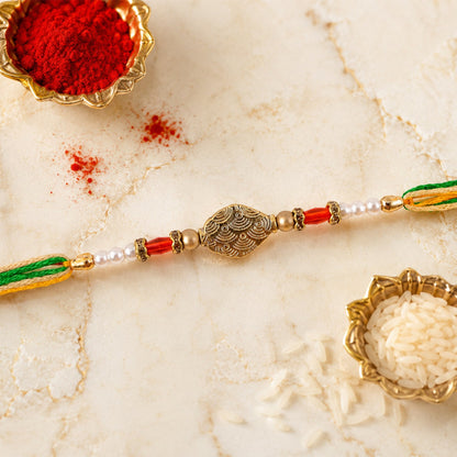 Antique Oval Textured Charm Pearl Crystal Bead Fancy Thread Rakhi for Brother