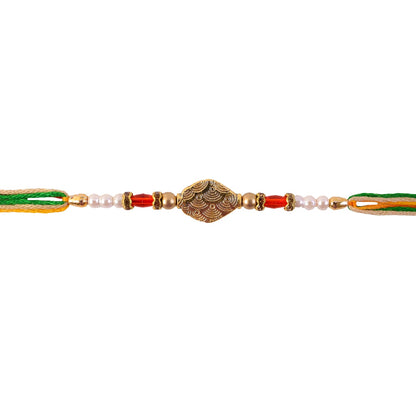 Antique Oval Textured Charm Pearl Crystal Bead Fancy Thread Rakhi for Brother
