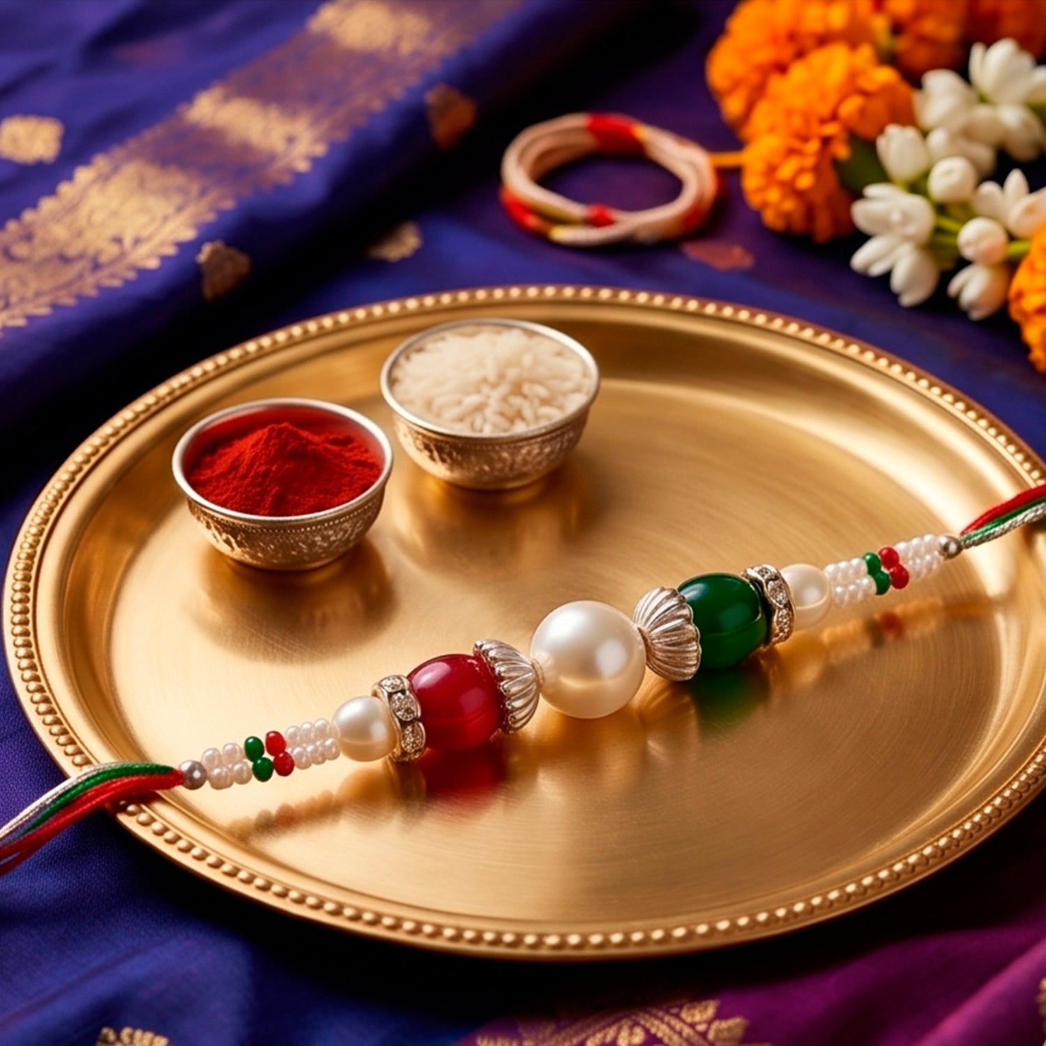 Pearl Stone Kundan Crystal Bead Fancy Thread Rakhi for Brother
