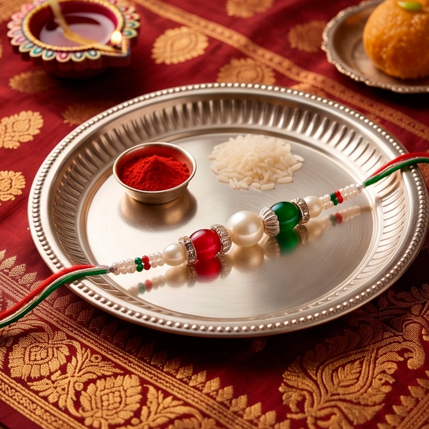 Pearl Stone Kundan Crystal Bead Fancy Thread Rakhi for Brother