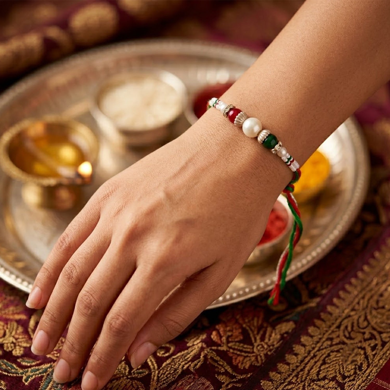 Pearl Stone Kundan Crystal Bead Fancy Thread Rakhi for Brother