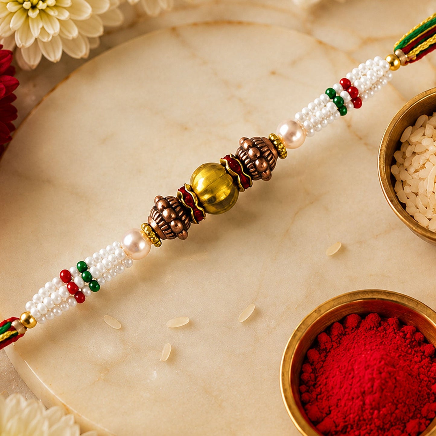 Antique Pearl Bead Fancy Multithread Rakhi for Brother