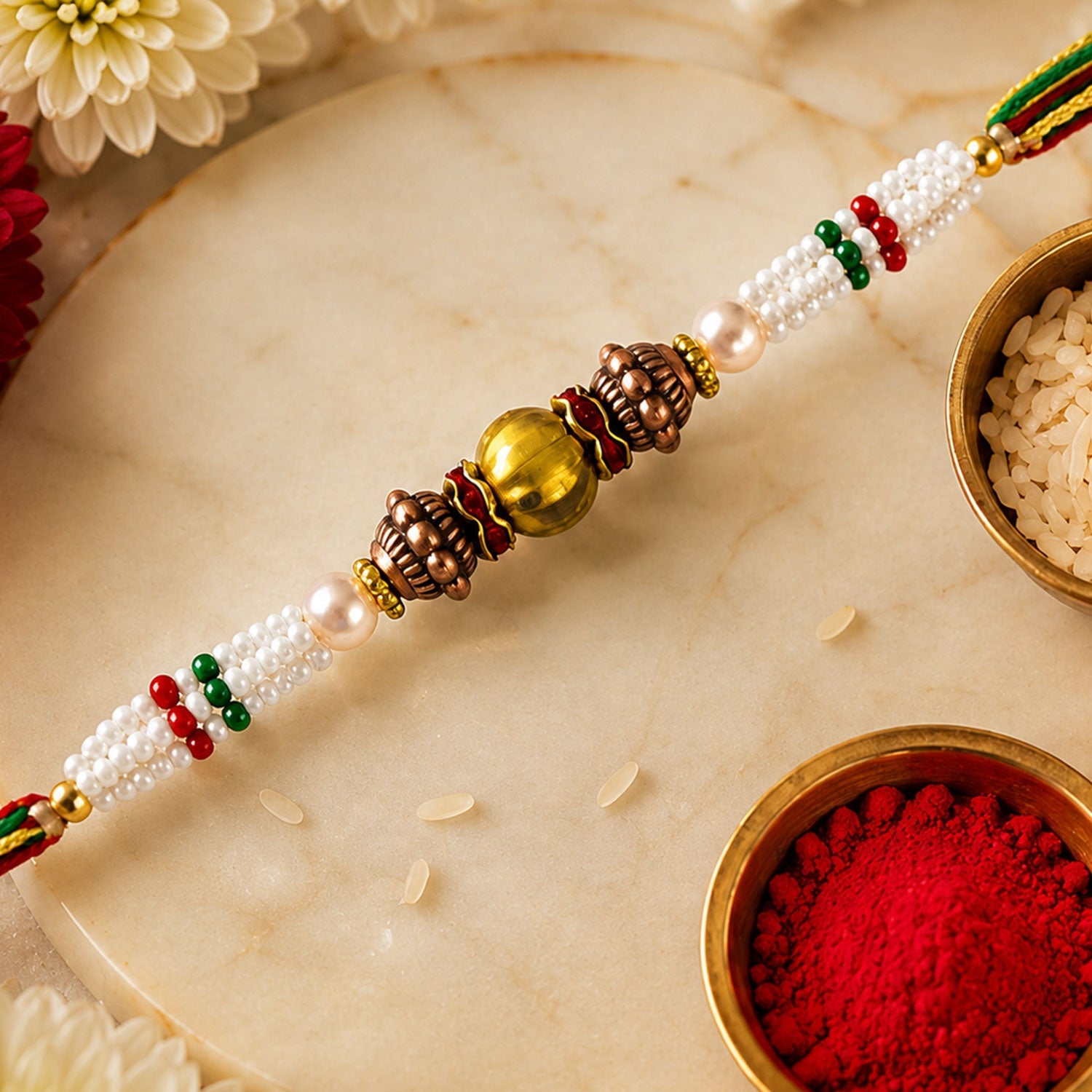 Antique Pearl Bead Fancy Multithread Rakhi for Brother