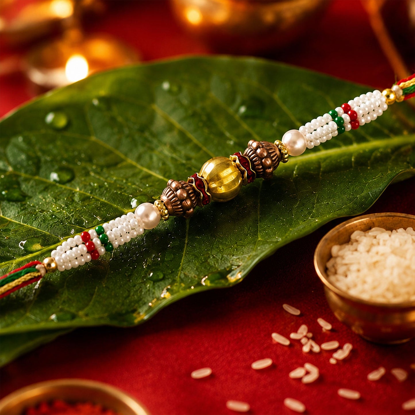 Antique Pearl Bead Fancy Multithread Rakhi for Brother
